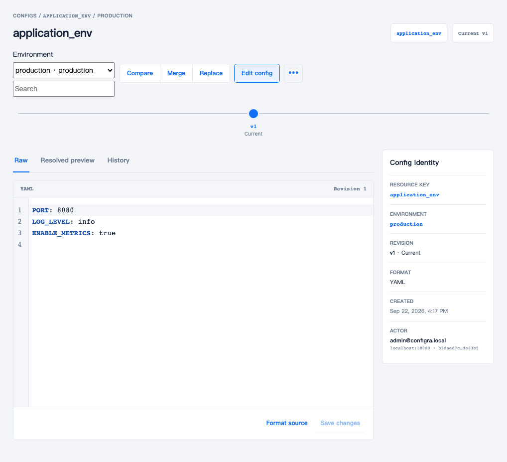 Configra showing application_env in production with the three top-level fields PORT, LOG_LEVEL and ENABLE_METRICS