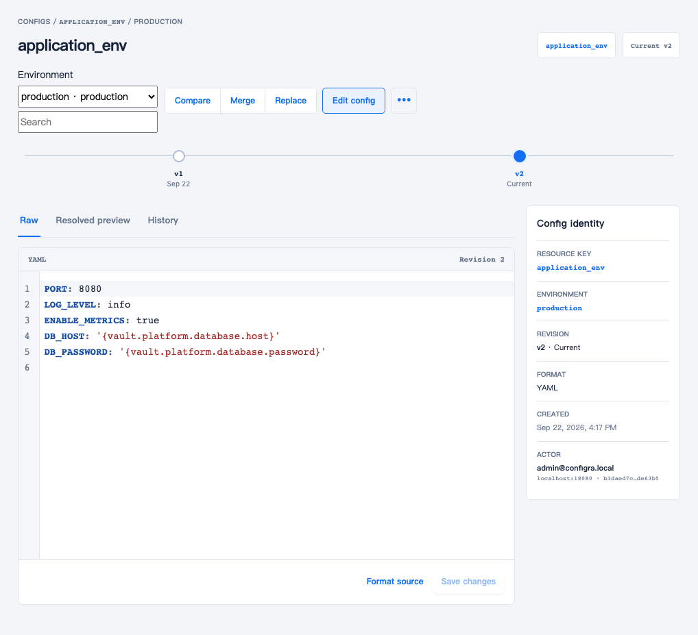 application_env with DB_HOST and DB_PASSWORD referencing platform.database.host and platform.database.password