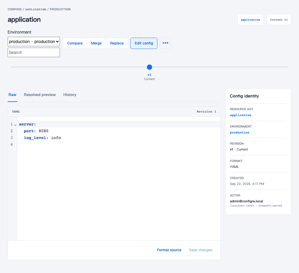 The application Config in production, with port and log_level nested under server