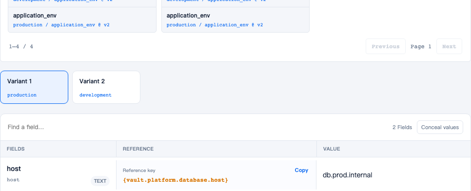 The host and password fields in platform.database, with Variants bound to production and development; the password stays hidden
