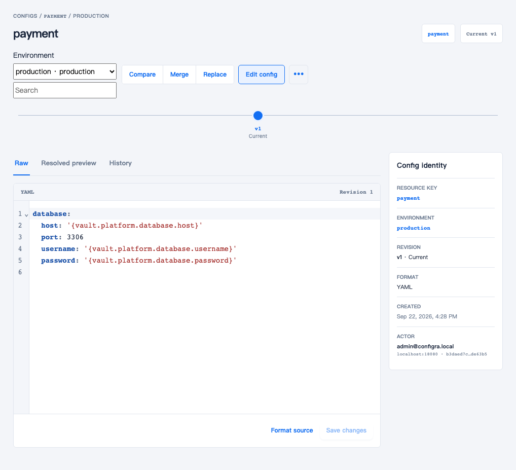 The payment Config in production, with database host, username and password referencing platform.database, and port set directly to 3306