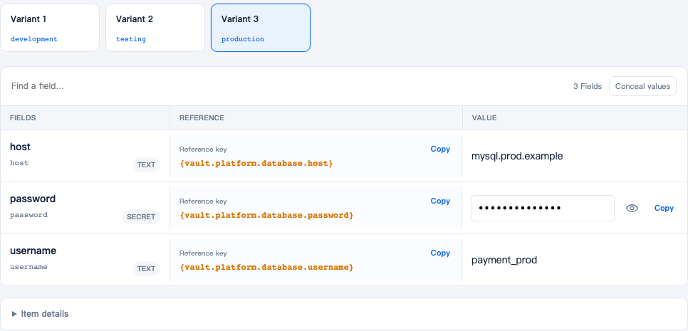 Three platform.database Variants bound to development, testing and production; the selected production Variant shows host and username with password hidden