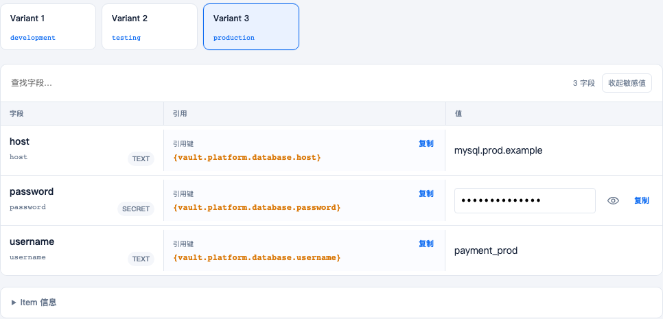 platform.database 的三个 Variant 分别绑定 development、testing、production;选中的 production 显示 host 和 username,password 保持隐藏